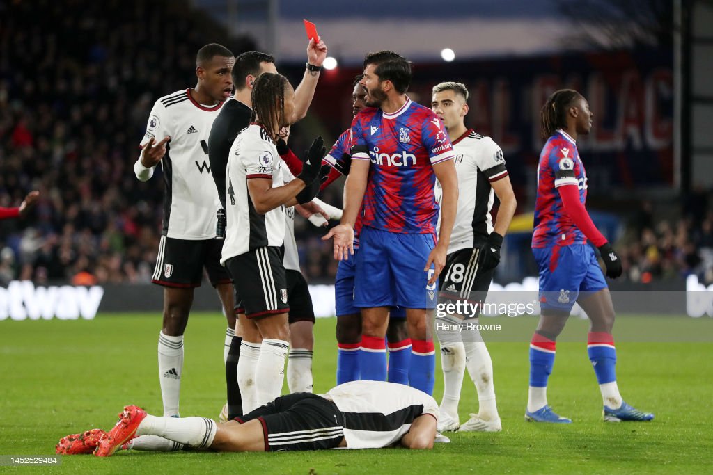 James Tomkins being shown a red card for his elbow on Aleksander Mitrovic. (Photo by Henry Browne/Getty Images)