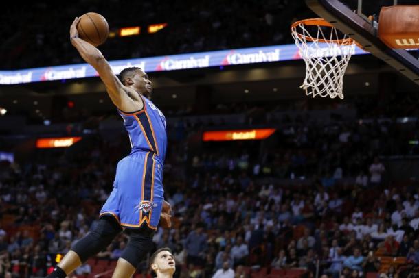 Russell Westbrook going strong to the hoop as he always does. Photo: Steve Mitchell/USA TODAY Sports