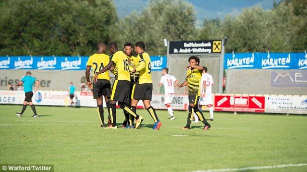 Watford celebrate one of their three goals against Union. | Image credit: Watford FC