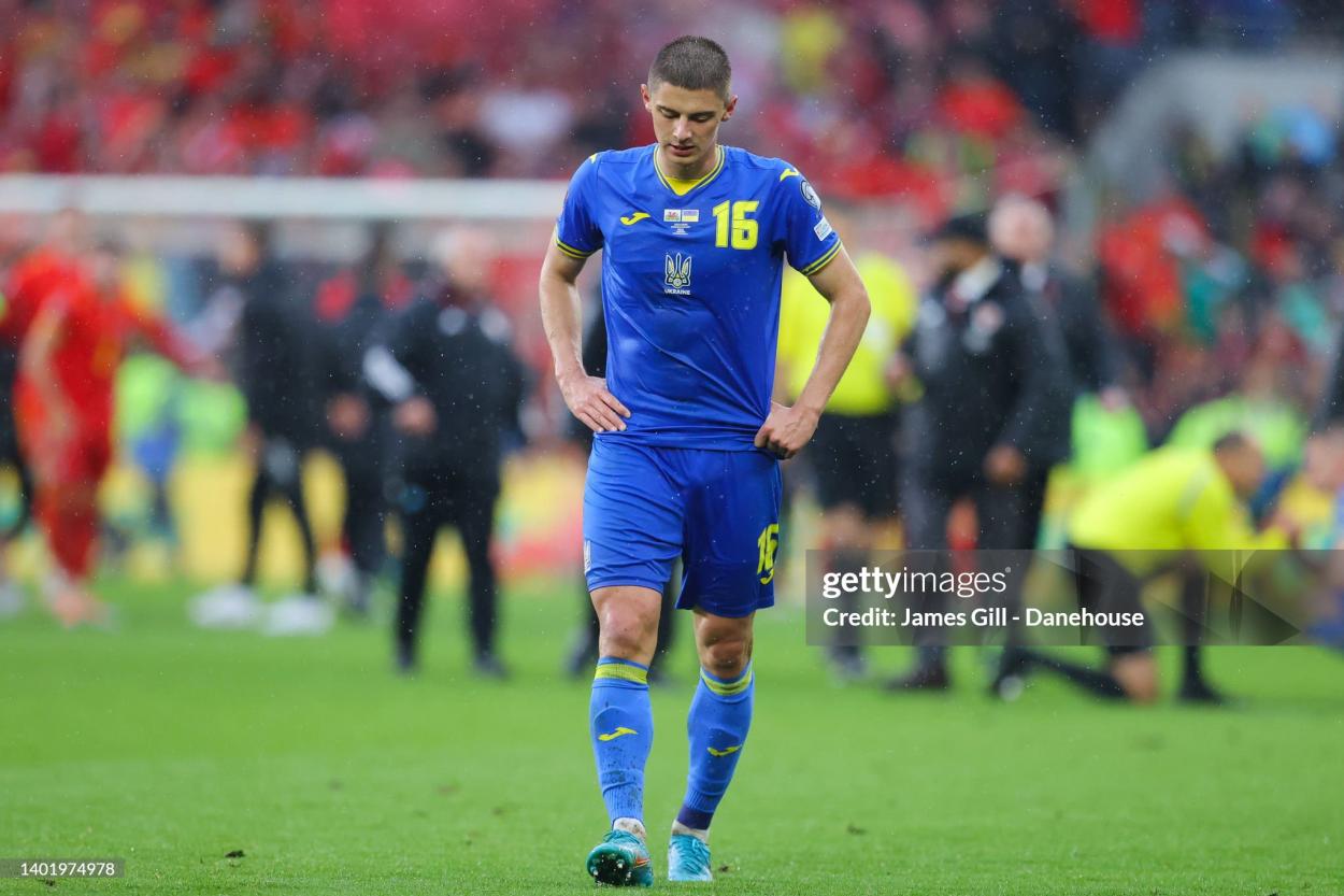 Vitaliy Mykolenko of Ukraine in action during the FIFA World Cup Qualifying Playoff match between Wales and Ukraine at Cardiff City Stadium on June 05, 2022 in Cardiff, Wales. (Photo by James Gill - Danehouse/Getty Images)