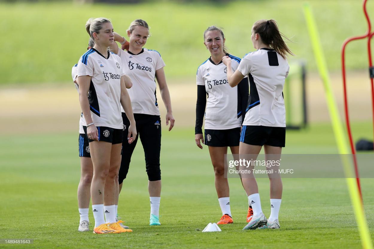 Alessia Russo, Martha Thomas, Katie Zelem of Manchester United Women in action during a training session at Carrington Training Ground on May 12, 2023 in Manchester, England. (Photo by Charlotte Tattersall - MUFC/Manchester United via Getty Images)