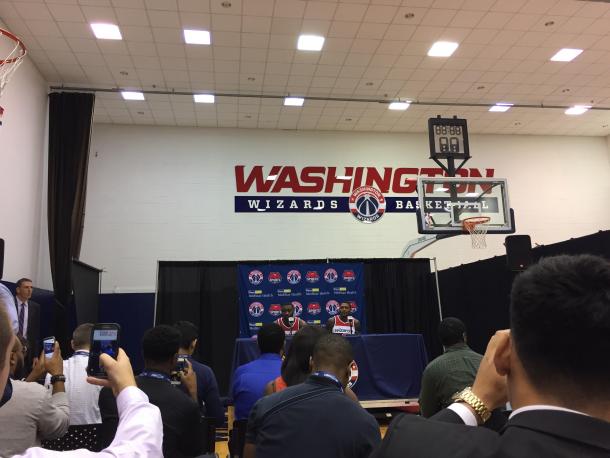 John Wall and Bradley Beal addressed a wide variety of topics while at the podium. Photo: Raj Sawhney