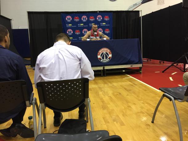 Marcin Gortat shows off his new haircut to the press. Photo: Raj Sawhney