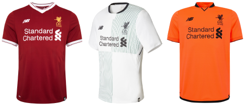 De izquierda a derecha, la primera, segunda y tercera camisetas. | Imágenes: www.liverpoolfc.com