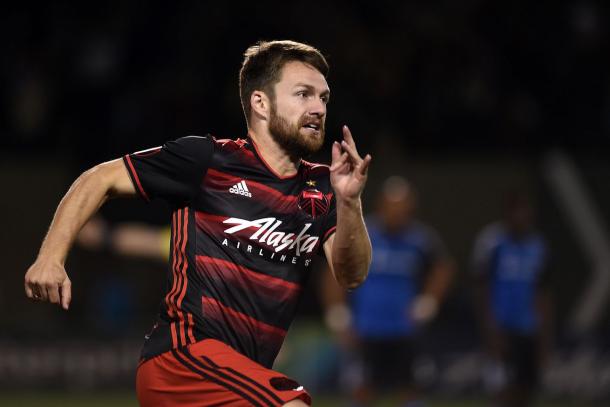 Jack McInerney celebrating his goal against the San Jose Earthquakes on Saturday at Providence Park. Photo provided by USA TODAY Sports. 