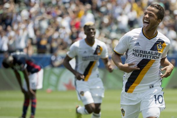 LA's Giovani Dos Santos celebrating his goal against the Revolution on Sunday at the StubHub Center. Photo provided by USA TODAY Sports. 