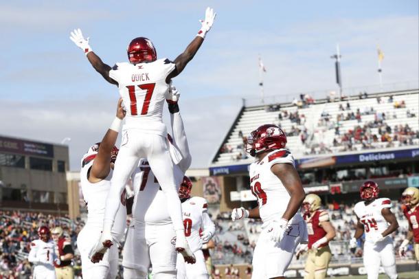 James Quick celebrates one of his two scores on the day. | Greg M. Cooper-USA TODAY Sports