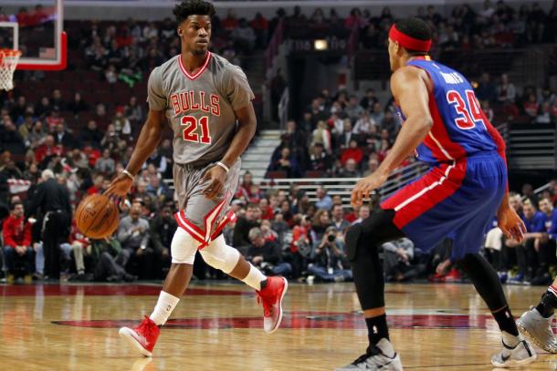 Dec 19, 2016; Chicago, IL, USA; Chicago Bulls forward Jimmy Butler (21) looks to pass while Detroit Pistons forward Tobias Harris (34) guards during the first half of the game at United Center. |Caylor Arnold-USA TODAY Sports|