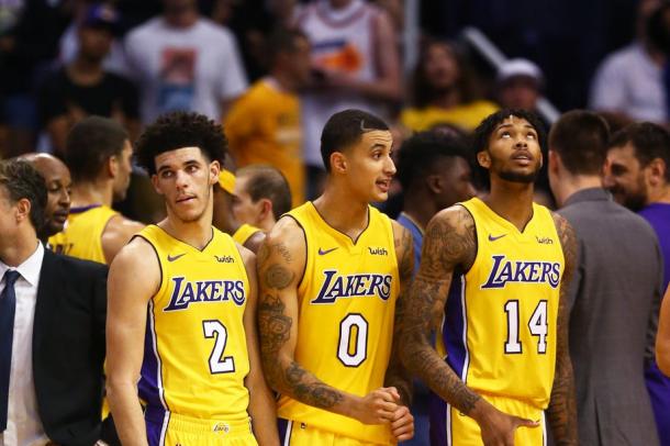 Los Angeles Lakers guard Lonzo Ball (2) with forward Kyle Kuzma (0) and forward Brandon Ingram (14) against the Phoenix Suns |Mark J. Rebilas-USA TODAY Sports|