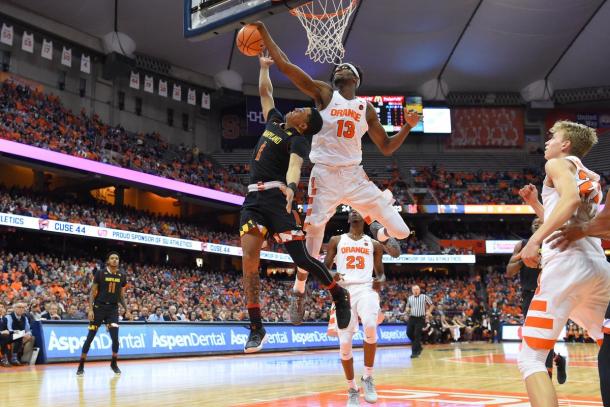 Paschal Chukwu blocks Maryland's Anthony Cowan's during the Big Ten-ACC Challenge in Syracuse/Photo: Rich Barneas/USA Today Sports