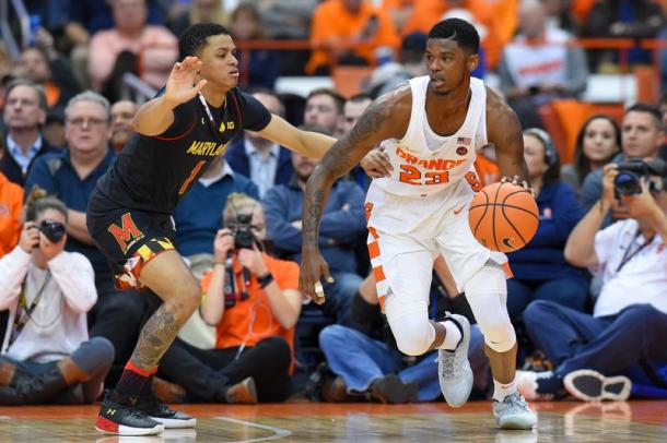 Frank Howard (r.) tries to dribble past a Maryland defender at the Carrier Dome/Photo: Rich Barnes/USA Today Sports