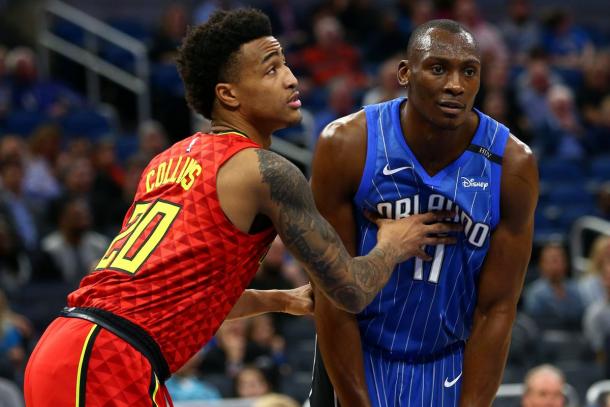 Atlanta Hawks forward John Collins (20) against Orlando Magic center Bismack Biyombo (11) |Aaron Doster-USA TODAY Sports|