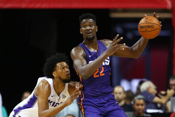 Phoenix Suns center Deandre Ayton (right) against Sacramento Kings forward Marvin Bagley III during an NBA Summer League game | Mark J. Rebilas-USA TODAY Sports|