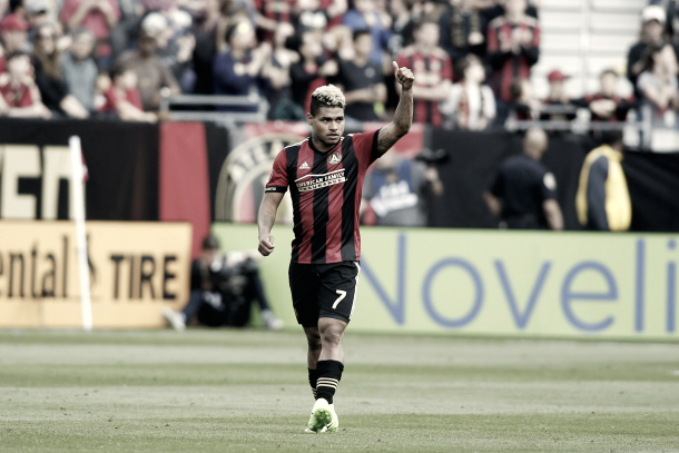 Josef Martinez gives a thumbs up towards his team's bench. | Photo: Brett Davis-USA TODAY Sports