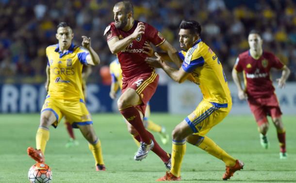 Real Salt Lake forward Yura Movsisyan fighting to control the ball against  a Tigres U.A.N.L player on Wednesday quarterfinal clash. Photo provided by Miguel Sierra-EFE via USA TODAY Sports. 
