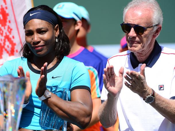 Serena is joined by Moore at the women's final trophy presentation. Credit: Associated Press