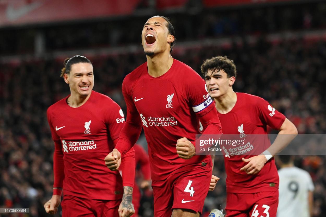 Van Dijk roars with emotion whilst celebrating. (Photo by Stu Forster/Getty Images)