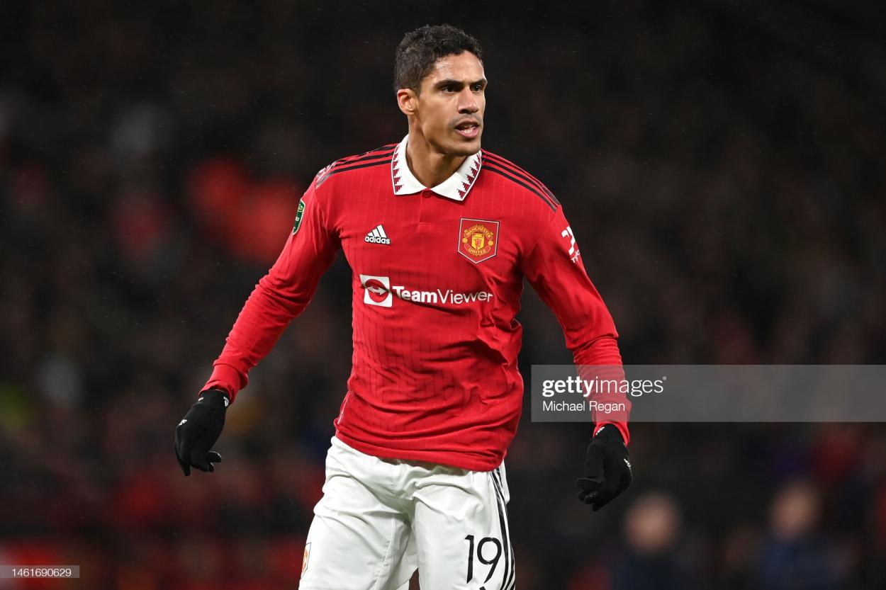 Raphael Varane in action during <strong><a  data-cke-saved-href='https://www.vavel.com/en/football/2023/02/01/premier-league/1136394-exclusive-invincible-lauren-praises-arsenal-and-odegaard-brilliance.html' href='https://www.vavel.com/en/football/2023/02/01/premier-league/1136394-exclusive-invincible-lauren-praises-arsenal-and-odegaard-brilliance.html'>Manchester United</a></strong>'s Carabao Cup Semi Final win. (Photo by Michael Regan/Getty Images.)