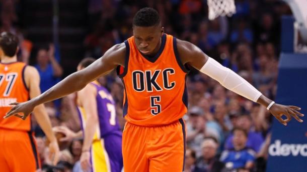 Victor Oladipo after making a 3 point shot with Oklahoma City in a game against the Lakers during the 2017 season.  (Photo: The Canadian Press)