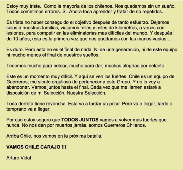 Segundo tweet de Arturo Vidal el 11 de octubre. Fuente: www.twitter.com/kingarturo23