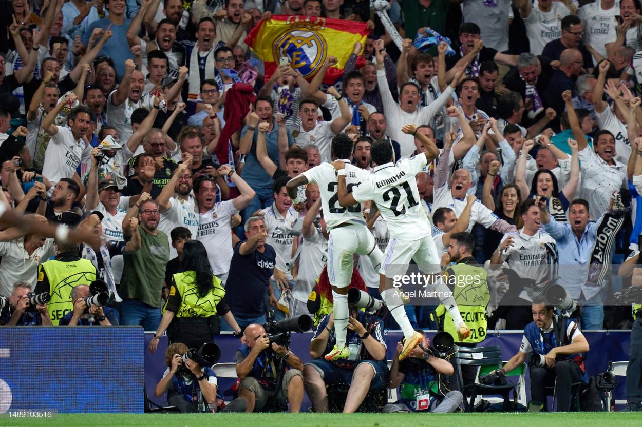 Vinicius celebrating the opener at the Bernabeu. (Photo by Angel Martinez/Getty Images)