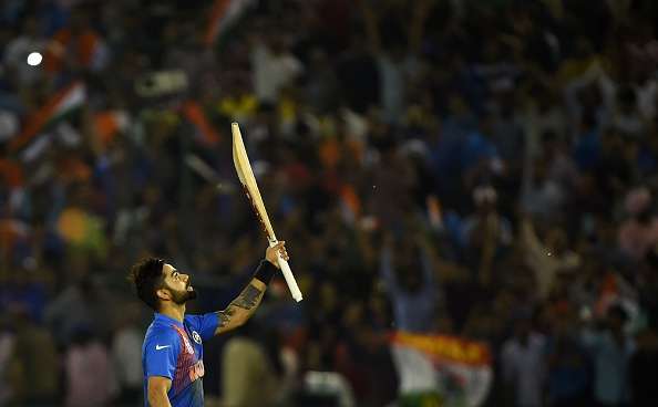Kohli celebrates during his match-winning innings of 82 against Australia