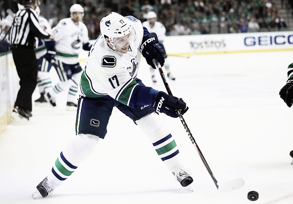 Radim Vrbata #17 of the Vancouver Canucks skates the puck against the Dallas Stars in the second period at American Airlines Center on October 29, 2015 in Dallas, Texas. (Photo by Ronald Martinez/Getty Images)