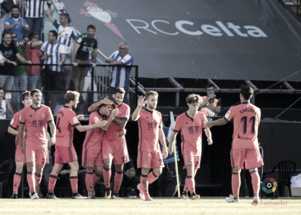 Los jugadores de la Real celebrando un gol en Balaídos | Foto: LaLiga