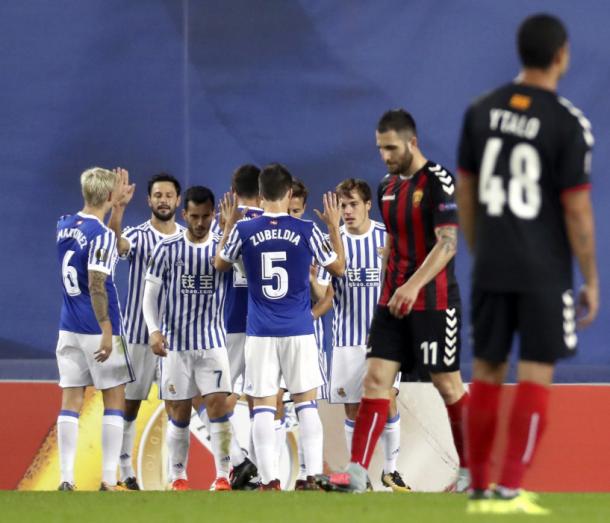 Los jugadores de la Real Sociedad celebran uno de los goles anotados ante el FK Vardar. Foto: Real Sociedad