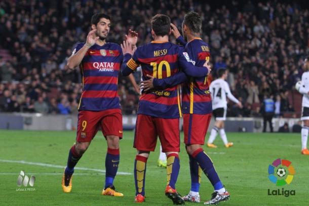 MSN celebrate together after Lionel Messi scored his hat-trick (Image: La Liga)