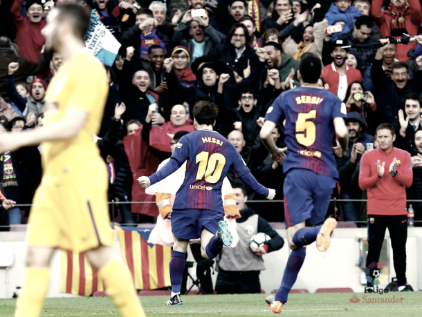 Messi celebra el gol que le daría la victoria frente el Atlético de Madrid | Foto: La Liga