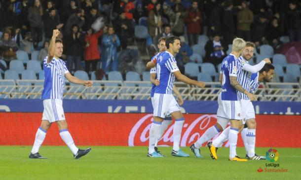 Oyarzabal celebra un gol contra el Eibar. Foto: LFP