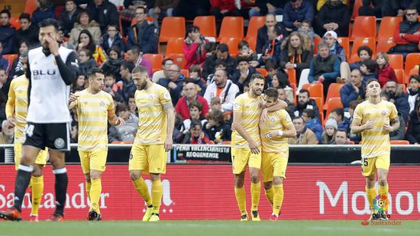 Gol a favor del Girona en el partido de ida en Mestalla | Foto: LaLiga Santander