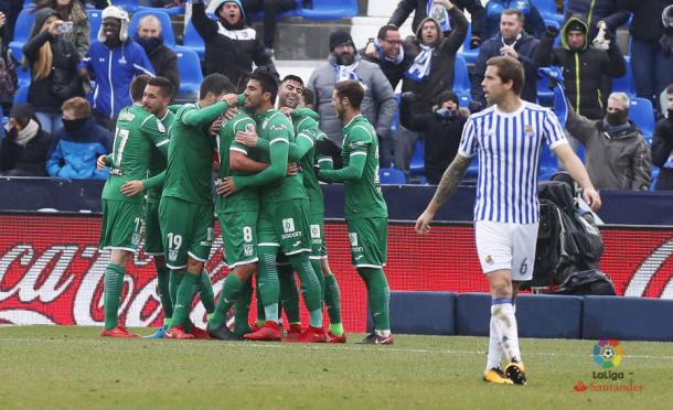 El Leganés celebrando el gol de Gabriel en el partido de ida | Foto: LaLiga Santander