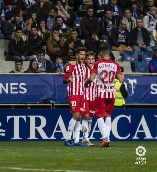 Juan Carlos, Corpas y Álvaro Giménez celebrando uno de los tantos del Almería | Fuente: La Liga