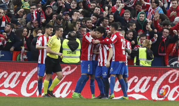 Los jugadores del Sporting celebran uno de sus goles ante el Leganés | Fuente: laliga.es