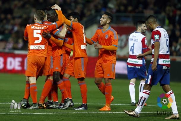 Sahib celebrates putting Valencia 1-0 up on the night (Credit: La Liga)