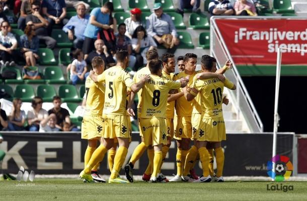 Los jugadores del Girona celebrando un gol | Foto: LFP.