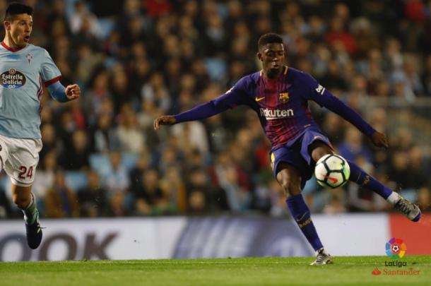 Dembélé dispara ante el Celta de Vigo. Foto: La Liga