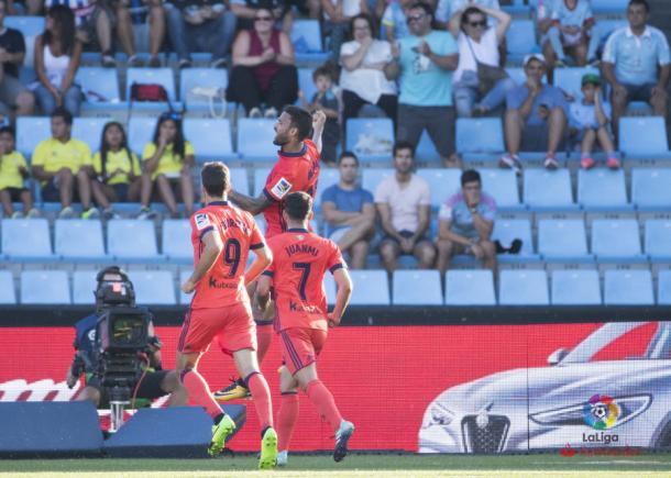 Los tres killers realistas celebran el gol de Willian José al Celta. Foto: LFP