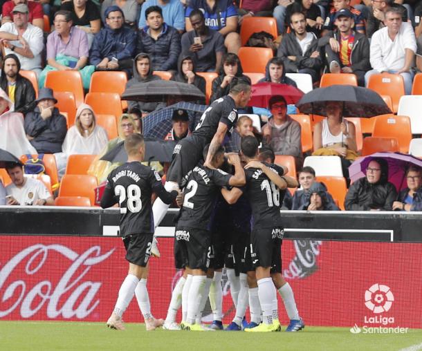 El Leganés celebrando el gol de Gumbau frente al Valencia | Foto: LaLiga Santander