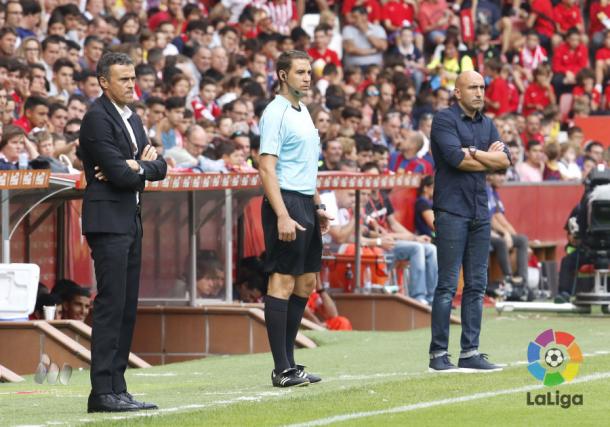 Luis Enrique y Abelardo, excompañeros como jugadores, en sus respectivas áreas técnicas | Foto: LaLiga