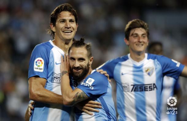 Blanco Leschuk, Cifu y Mula celebrando ante el Real Zaragoza. | Foto: LaLiga