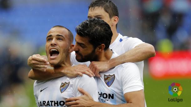 Sandro celebra su gol ante el Deportivo en la última victoria malagueña (4-3) | Fuente: lfp.es