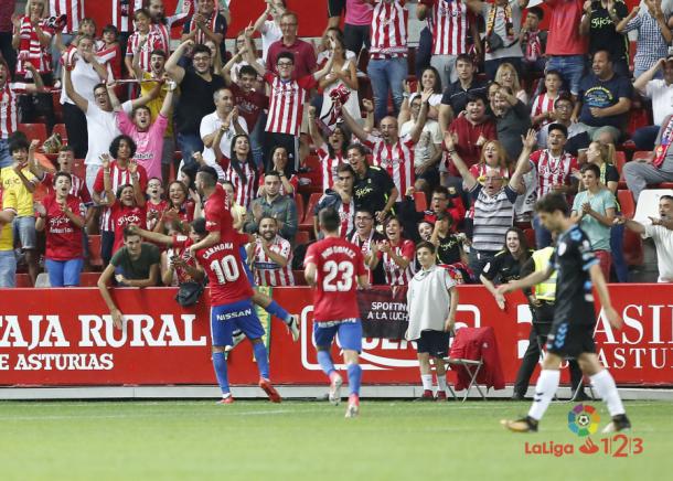 La alegría sportinguista, tras un gol ante el Lugo | Imagen: LaLiga