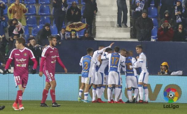 El Leganés celebrando un gol frente al Valladolid en la vuelta de los 1/16 de la Copa del Rey 2017/2018