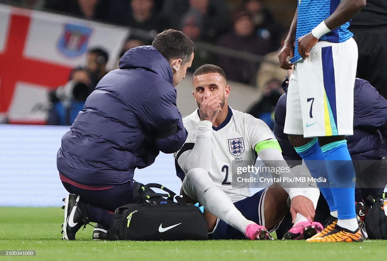Kyle Walker of England and Manchester City receives medical treatment for an injury during the international friendly match between England and Brazil at Wembley Stadium on March 23, 2024 in London, England. (Photo by Crystal Pix/MB Media/Getty Images)