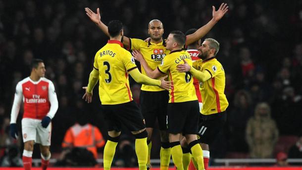 Los jugadores del Watford celebran la victoria ante el Arsenal | Fotografía: Premier League