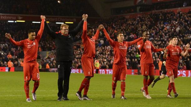 Klopp and co. thank the crowd for their support after the West Brom game. (Picture: Getty Images)