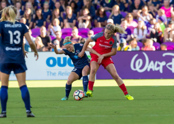 Portland midfielder Lindsey Horan battles with North Carolina forward Kristen Hamilton in the 2017 NWSL Championship Game. |